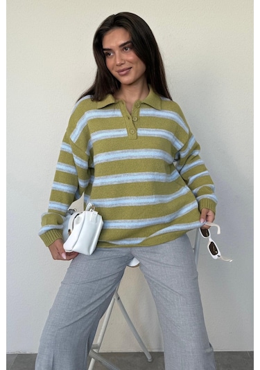 Yeşil Polo Yaka Çizgili Kadın Triko Kazak Mg2469 Yeşil