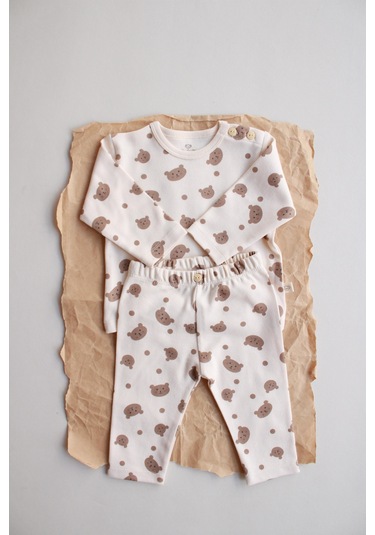 Ayıcık Baskılı Bebek Alt Üst Takım Ekru