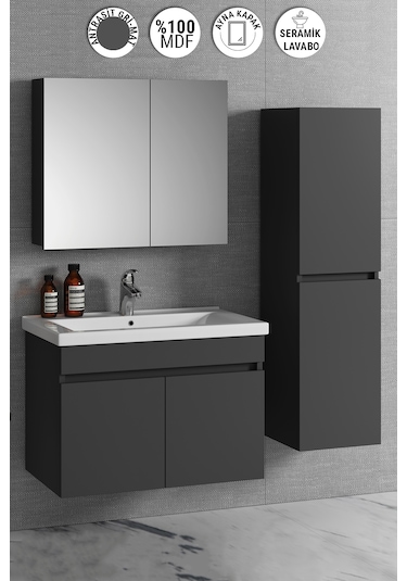 Çiğdem 80+35 Cm Antrasit Gri Mdf Lavabolu Asma Banyo Dolabı Takım Antrasit - Gri