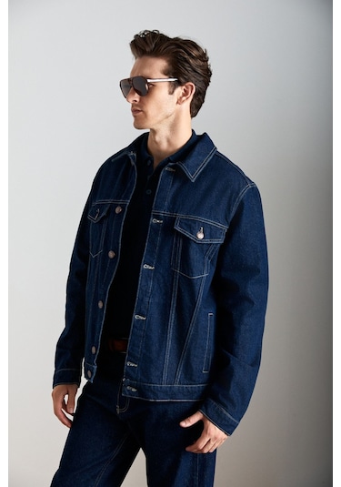 GRIMELANGE Jerıcho Erkek Rinse Denim Rahat Geniş Kesim %100 Pamuk Yüksek Kalite Kalın Dokulu Lacivert Ceket Lacivert