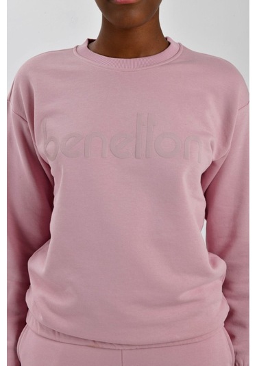 Kadın Önü Logo Baskılı Bisiklet Yaka Sweatshirt Pembe