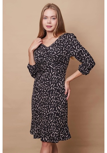 Kadın Hafif Likralı Yumuşak Dokulu Kumaş V Yaka Önü Düğümlü Eteği Volanlı Uzun Kol Diz Boy Elbise-siyah Bej Konfeti Konfeti