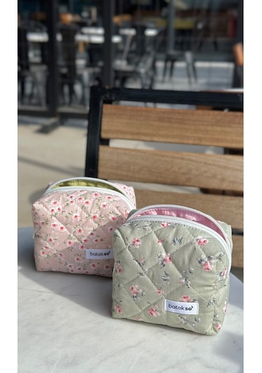Batekso 2'li Pembe Ve Yeşil Çiçek Desenli Makyaj Çantası  Küçük Boy