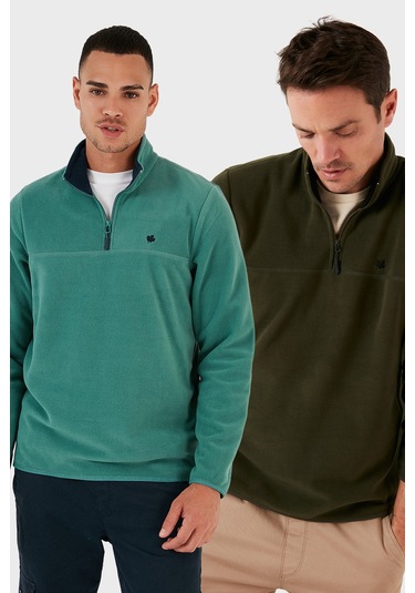 Buratti Slim Fit Anti-Pilling Tüylenme Yapmayan Bato Yaka Şardonlu 2'Li Paket Erkek Polar 5906001S2 Benetton-Haki