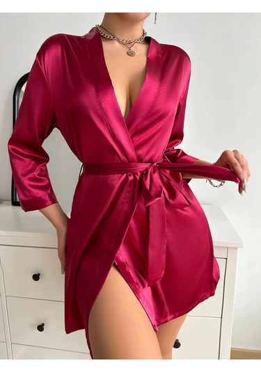 Snapbuykatı Saten Gece Elbisesi Uzun Kollu V Yaka Kemerli Kadın Pijamablack Black