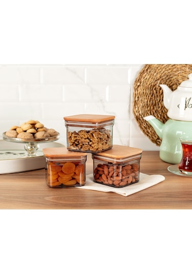 Madame Coco Kaviera 500ml Ahşap Kapaklı Saklama Kabı 3'lü 1ksakl0432500 Ml-füme Çok Renkli