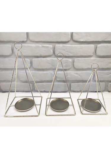 Gold / Gümüş Kaplama Dekoratif Modern Piramit Dizayn 3lü Mumluk Gold