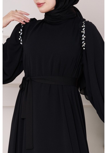 Omuzu Taş Detaylı Rose Elbise-siyah-4773 Siyah