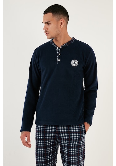 Buratti Ekoseli Regular Fit Düğmeli Bisiklet Yaka Kışlık Polar Erkek Pijama Takımı 60961002 Lacivert
