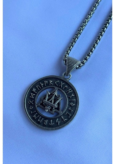 Mızraklı Viking Run El İşçiliği Paslanmaz Çelik Zincir Erkek Kolye Gümüş