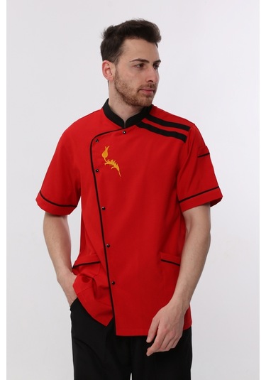 Uniprom Kısa Kollu Aşçı Ceketi Önlük Nakışlı Cepli Şef, Garson Kırmızı