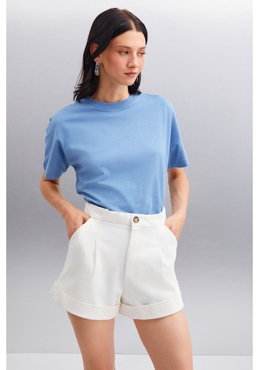 GRIMELANGE Lottıe Kadın %100 Organik Pamuklu Regular Kalıp Bisiklet Yaka Basic Kısa Kollu Indigo T-shirt Indigo