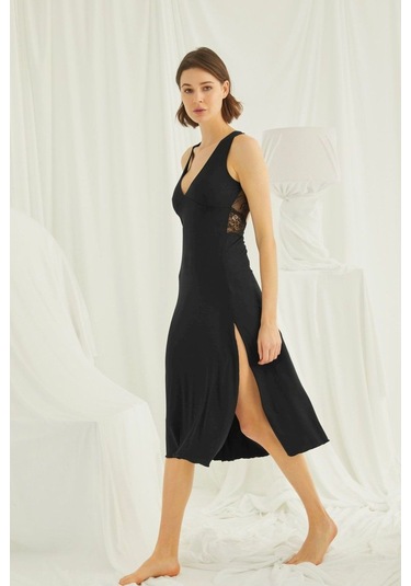 Monamise Kadın Siyah Sıfır Kol Gecelik 20004 Siyah