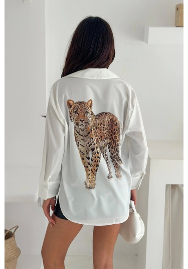 Aslan Desen Baskılı Taşlı Gömlek Beyaz