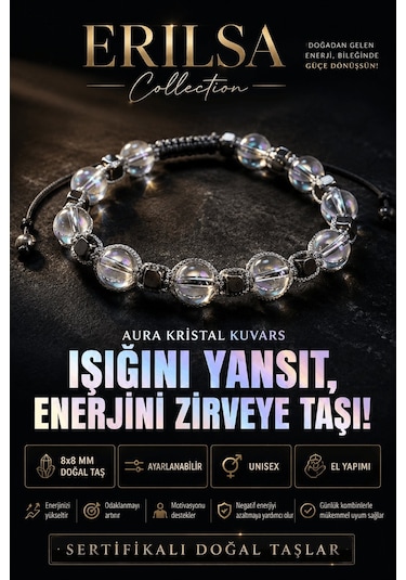 Sertifikalı Aura Kristal Kuvars Doğal Taş Bileklik 8x8 Mm Ayarlan