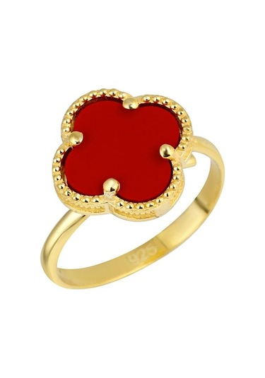 14k Altın Kaplamalı 925 Ayar Gümüş Granada Saray Yoncası Yüzük - Kırmızı 34025201 Altın