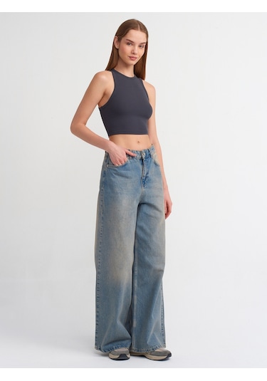 Dilvin Dikiş Efektli Crop Top Antrasit