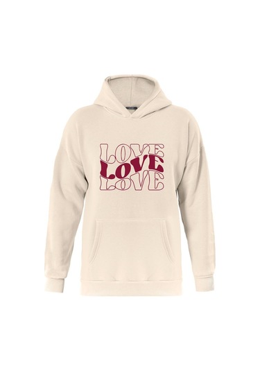 Unisex Theree Love Baskılı Kapüşonlu İçi Yumuşak Polarlı Oversize Sweatshirt - Bej Pembe