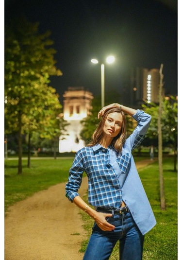 Kadın Ekoseli Düşük Omuzlu Gömlek Frn1114 Mavi