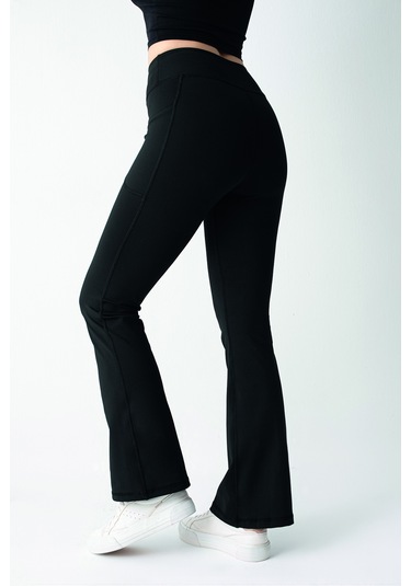 Siyah Yüksek Bel Toparlayıcı Çift Cepli İspanyol Paça Tayt Siyah