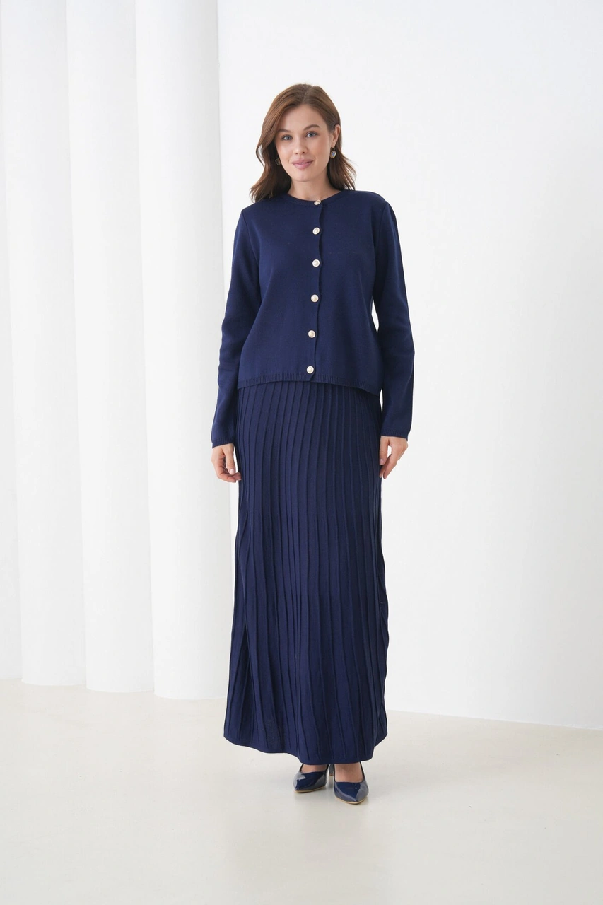 Kadın Pileli Etek Kazağı Düğmeli Tesettüre Uygun Örgü Triko Etekli Ceket Takım Lacivert