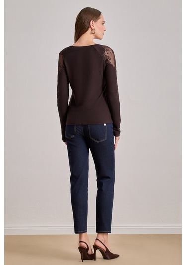 Reglan Kollu Kahverengi Örme Bluz Kahverengi