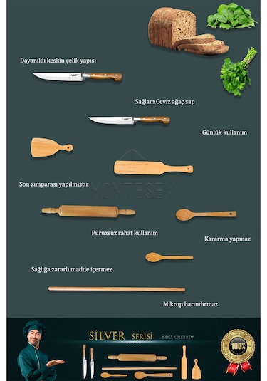 Silver Serisi Ahşap Hamur Açma Oklava Merdane Lazbisa Bıçak 8 Li