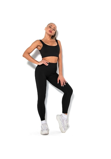 Ximistore9 Kadınlar İçin Süper Esnek Soluk Akıllı Fitness Seti - Siyah Düz Yaka Bra Ve Tayt, Yoga Spor Günlük Kullanıma Uygun L Beden SiYAH