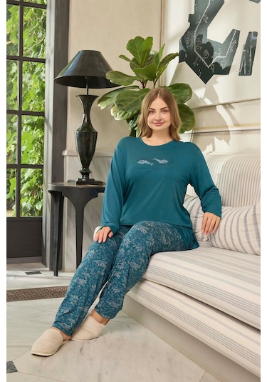 Aydoğan Kadın İnci Büyük Beden Being Myself Petrol Pijama Takım 0654 Petrol