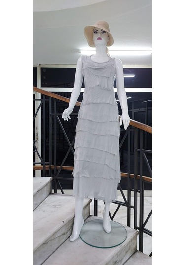 Italyan 2 Beden İnce Gösteren Kat Kat Kolsuz Ipek Elbise-8769 Taş Rengi