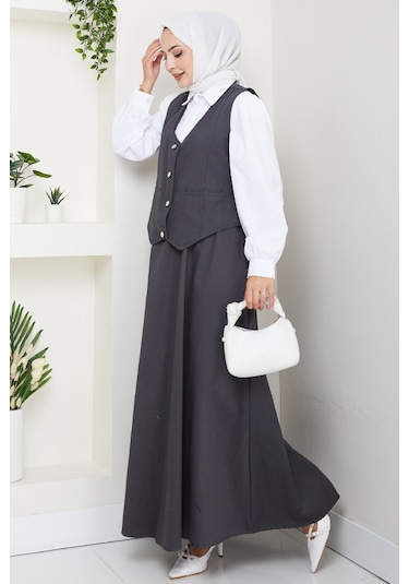 İkili Gabardin Yelek Etek Takım 1400 - Antrasit Antrasit