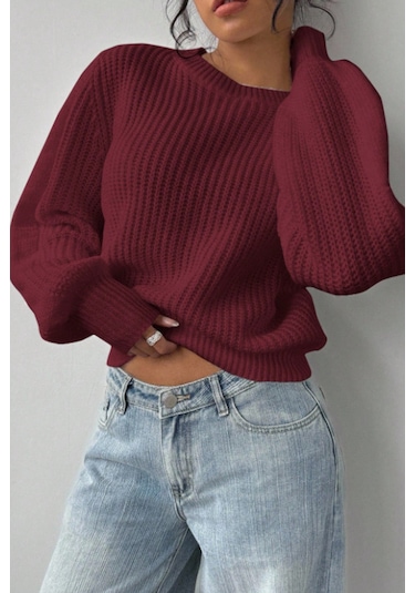 Tarz Cool Kadın Bordo Oversize Bisiklet Yaka Balon Kol Fitilli Triko Kazak Bordo