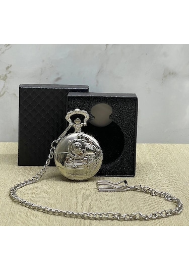 Özel Kutulu Tren Temalı Gümüş Köstekli Saat Alk4657