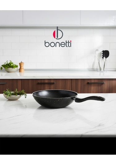 Bonetti Granit Siyah Wok Tava 28 Cm Yapışmaz Yüzey Siyah