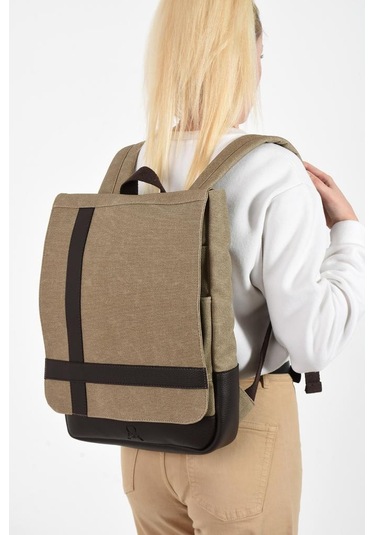 Kadın Sırt Çantası 35 22 Cm Kanvas Kumaş Laptop Bölmeli Business Sırt Çantası Okul Çantası Mega Bag Bej