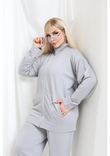 Kadın Büyük Beden Fermuarlı Uzun Kollu Rahat Günlük Eşofman Takım Gri