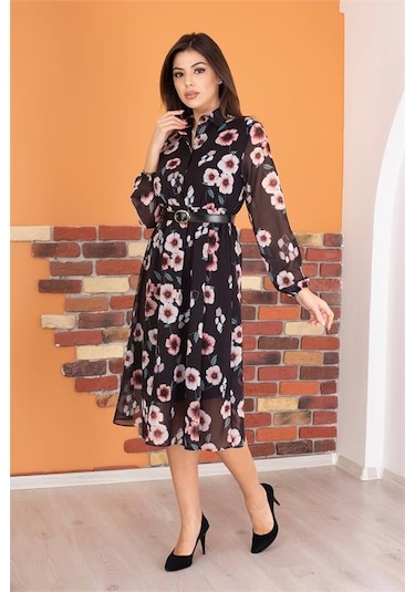 Neşeli Butik Kadın Gömlek Yaka Kemerli Çiçek Desenli Şifon Elbise Ry0031 Mor