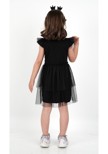 Kuromi Siyah Tül Detaylı Kısa Kollu Kız Çocuk Elbisesi Siyah