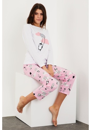 Gimer - Baskılı Uzun Kol Pijama Takım - Ece3702G Beyaz