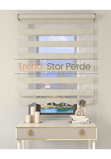 Geniş Plise Krem Etek Dilimli Zebra Stor Güneşlik Perde Kırık Krem