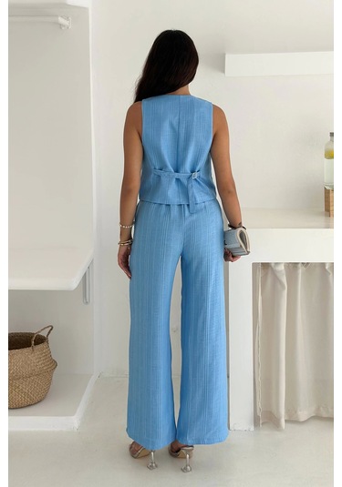 Çizgili Kumaş Yelek Takım Mavi Mavi