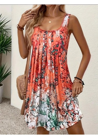 Kadın Sıfır Kollu Kare Yaka Önden Pileli Salaş Süprem Elbise Desenli