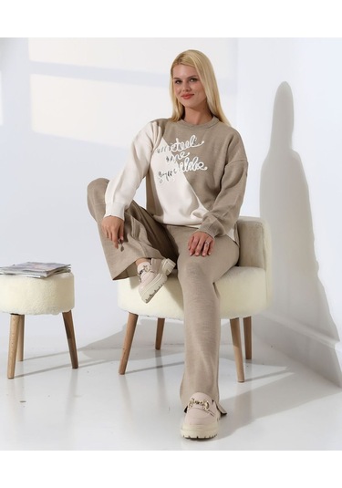 Renk Bloklu Triko Takım Vizon