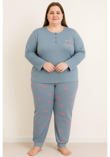 Kadın Büyük Beden 0242 Raporlu Pijama Takımı İndigo İndigo
