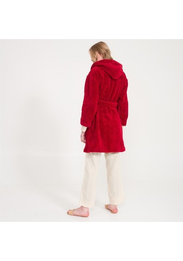 Welsoft Kapüşonlu Peluş Kadın Sabahlık Bordo