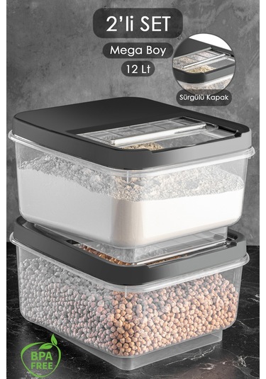 Meleni Home 2'li Mega Boy 12 Lt Kayar Kapaklı Bakliyat Erzak Saklama Kabı Un Çay Şeker Saklama Kutusu Antrasit