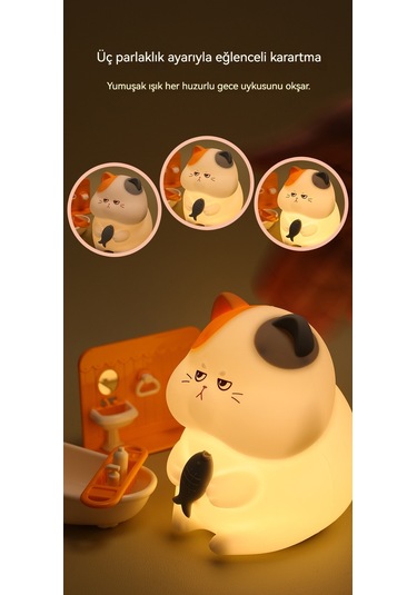 Yaratıcı Açgözlü Kedi Görseli Başucu Gece Lambası 035-1 Beyaz