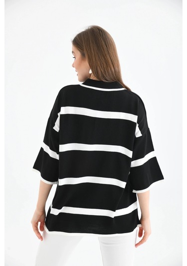 Polo Yaka Fermuarlı Çizgili Salaş Mevsimlik Trko Kazak Siyah