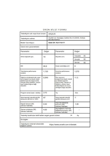 Arçelik 6444 OK 4 Programlı 14 Kişilik Bulaşık Makinesi