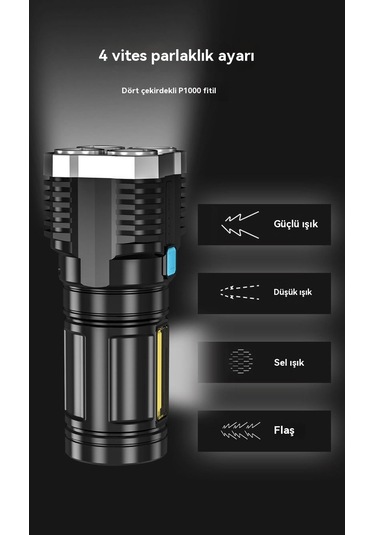 Jian Fan Dışa Mekan Dört Işık Led Çok Fonksiyonlu El Feneri Siyah